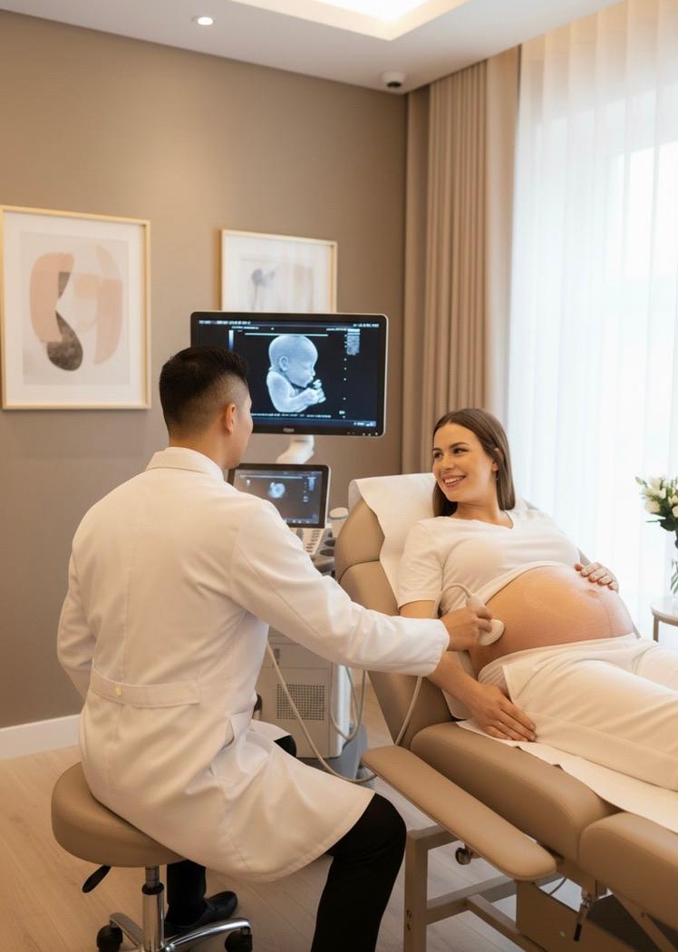 Doctor performing ultrasound examination on pregnant patient at Aurea Gynaecologia